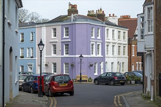 Parked cars, colourful houses, Folkestone, Kent, Great Britain