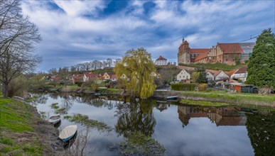 View over the Havel moat to Havelberg with St. Mary's Cathedral, Havelberg, Saxony-Anhalt, Germany,
