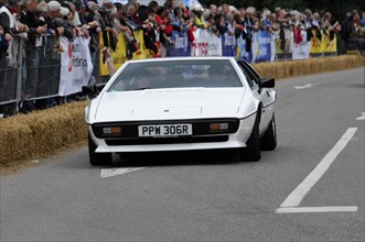 A white sports car drives on a race track, surrounded by spectators, SOLITUDE REVIVAL 2011,