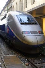 TGV at Marseille-Saint-Charles station, Marseille, blue TGV high-speed train at a platform station,