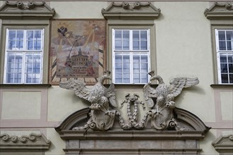 Sundial, coat of arms, inner courtyard, New Town Hall, Brno, Jihomoravsky kraj, Czech Republic,
