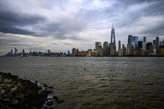 Views on New York Harbor, Manhattan and Statue of Liberty from the Liberty State Park, Jersey City,