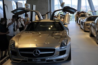 Museum, Mercedes-Benz Museum, Stuttgart, Silver Mercedes SLS AMG sports car with open gullwing