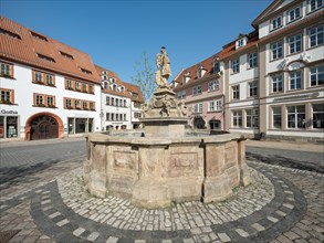 The main market square in the historic old town with the Schellenbrunn, Gotha, Thuringia, Germany,