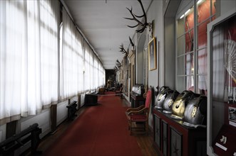 Langenburg Castle, Long corridor of a historic building with a collection of helmets and antlers,