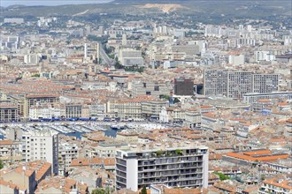 View of Marseille with its densely built-up neighbourhoods and high-rise buildings, Marseille,