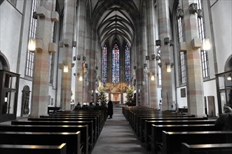 Interior, altar of St Mary's Chapel, market square, Wuerzburg, view through the nave with pews and