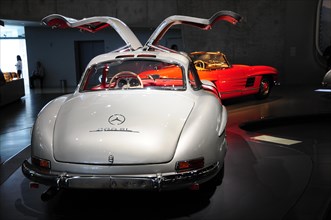 Museum, Mercedes-Benz Museum, Stuttgart, Rear view of a white Mercedes sports car with open