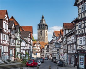 St Crucis Church and half-timbered houses in the historic old town of Allendorf, Hessisches