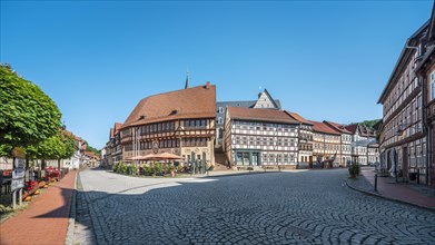 Town hall and half-timbered houses on the market square, Stolberg im Harz, Saxony-Anhalt, Germany,