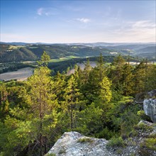 View from the shell limestone slopes near Bad Blankenburg of typical hilly landscape with forests