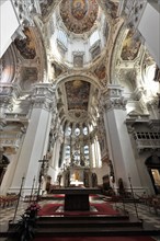 St Stephen's Cathedral, Passau, central perspective of a baroque church interior with high altar