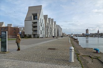 Modern architecture in the harbour, houses, people, Dunkirk, France, Europe