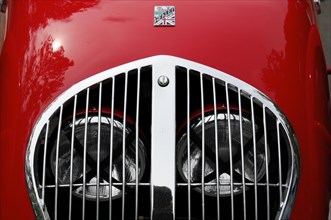 Close-up of the red radiator grille of a Jaguar with emblem and headlights, SOLITUDE REVIVAL 2011,