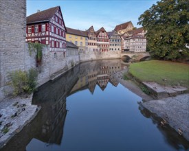Half-timbered houses in the historic old town on the River Kocher, Schwaebisch Hall, Hohenlohe,