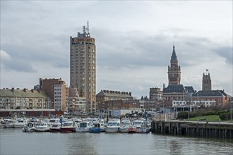 Boats, marina, skyscraper, houses, tower of the Hotel de Ville, town hall, belfry, Dunkirk, France,