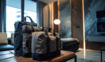A modern backpack in a room with neutral colors and daylight AI generated