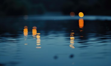 Bokeh lights reflecting off the surface of a calm lake at twilight AI generated