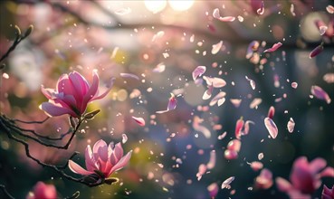 Magnolia petals gently falling from a tree in a spring breeze, nature background AI generated