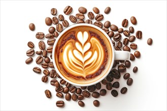 A cup of latte art surrounded by scattered coffee beans, AI generated