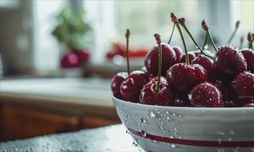 Close-up of a bowl of ripe cherries on a kitchen counter AI generated