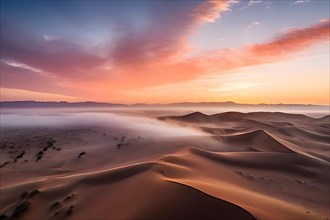 Early morning fog rolling over the dunes of the namib, AI generated