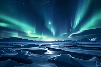 Aurora borealis casting its vibrant show over a sprawling ice field, AI generated