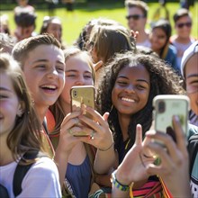 Many students stand close together on a lawn and take selfies with their cell phones, photo quality