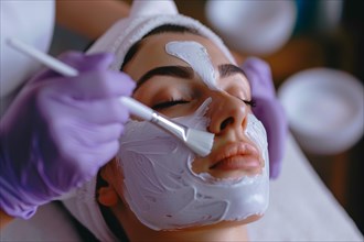 Cosmetician applying violet beauty skin care face mask on woman's face. KI generiert, generiert, AI