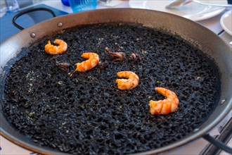 Black rice with prawns and squid, a dry rice, cooked in paella or in a clay pot, a characteristic