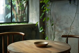 Simple composition with an empty ceramic bowl on a wooden table in a tranquil setting, AI generated