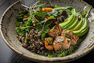 Quinoa salad with smoked salmon, avocado, and microgreens served in a ceramic bowl, AI generated