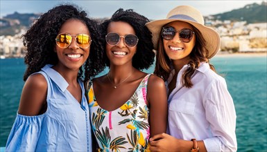 Three smiling women in chic summer fashion sharing a moment of camaraderie against a sea backdrop,