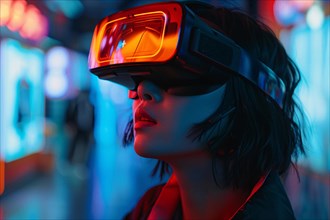 Close-up of a woman wearing cyberpunk-style VR goggles amidst vibrant neon lighting, AI generated