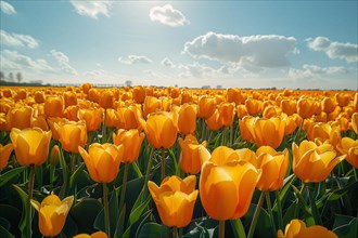 Expansive field of bright yellow tulips under a sunny blue sky symbolizing springtime, AI generated