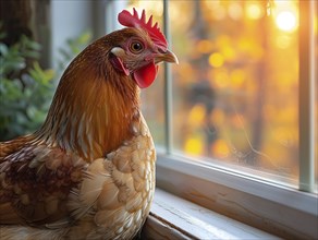 Close-up of a chicken by a window during the golden hour with a detailed view, AI generiert, AI
