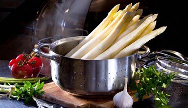 A steaming pot of asparagus on a wooden board in a rustic kitchen, fresh white asparagus in a