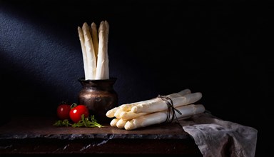 Rustic scene with bundles of asparagus in a ceramic vase and tomatoes in the background, AI