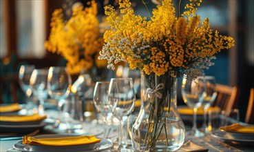 A chic dining table set for a dinner party, bouquet of yellow flower AI generated