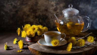 Cosy arrangement with smoky coltsfoot tea and coltsfoot on a rustic table, medicinal plant