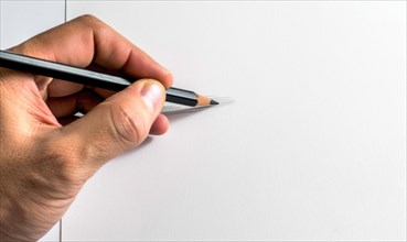 A hand holding a graphite pencil poised over a blank sheet of white paper AI generated