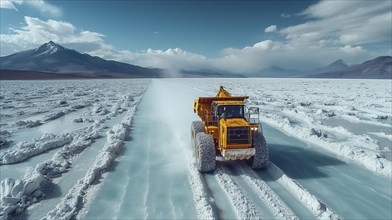 Lithium mining in a white salt lake in South America, AI generated