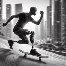 Dynamic image of a skateboarder with a prosthetic limb in a city environment, AI generated