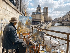 Kuenstler malt am Ufer der Seine mit Blick auf die sonnenbeschienene Notre-Dame, Lifestyle in
