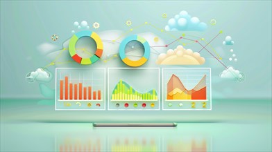 Colorful data presentation concept with 3D charts, graphs, and cloud shapes symbolizing cloud