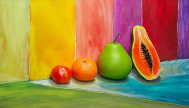 Still life of fruits with a pear, orange, and papaya on a colorful textured canvas, horizontal, AI