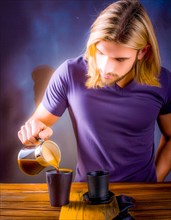 A man pours coffee into a cup on a wooden table, conveying a casual and focused ambiance, Vertical