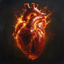 A realistically depicted heart surrounded by glowing flames, AI generated