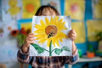 A pre-school child holds a drawn picture of a sunflower with a bee up to the camera, AI generated,