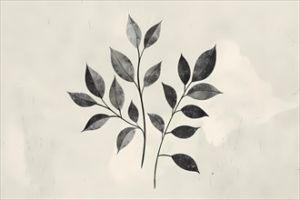 Minimalist botanical illustration of leaves in sepia tones with subtle texture, illustration, AI